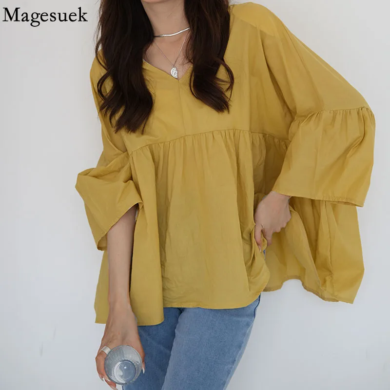 

Рубашка женская с V-образным вырезом, Повседневная Свободная блузка оверсайз в Корейском стиле, топ с полурукавами, весна-лето 15717