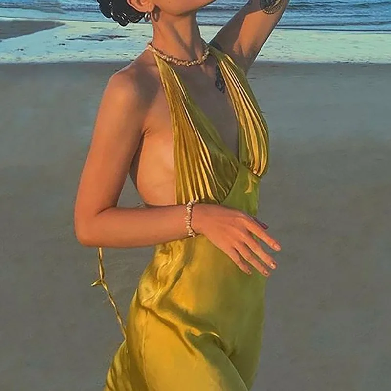 

Sexy V Neck Satin Halter Summer Dress for Women Backless Purple Yellow Sleeveless Midi Dresses Party Night Club Elegant Dresses