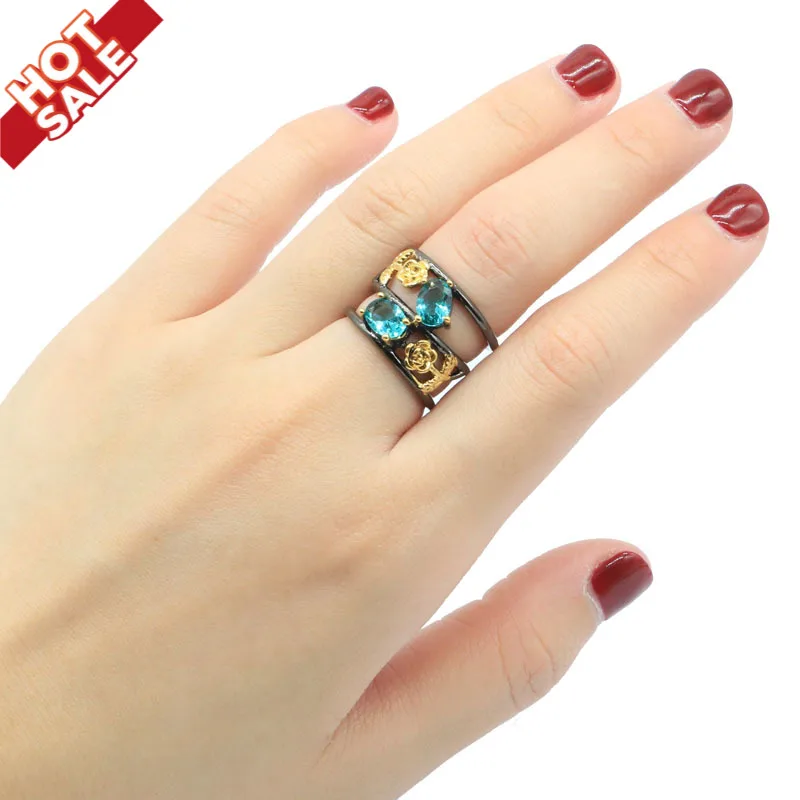 

15x10mm Sublime Antique Vintage Style Created Aquamarine Green Peridot Gift For Sister Black Gold Silver Rings