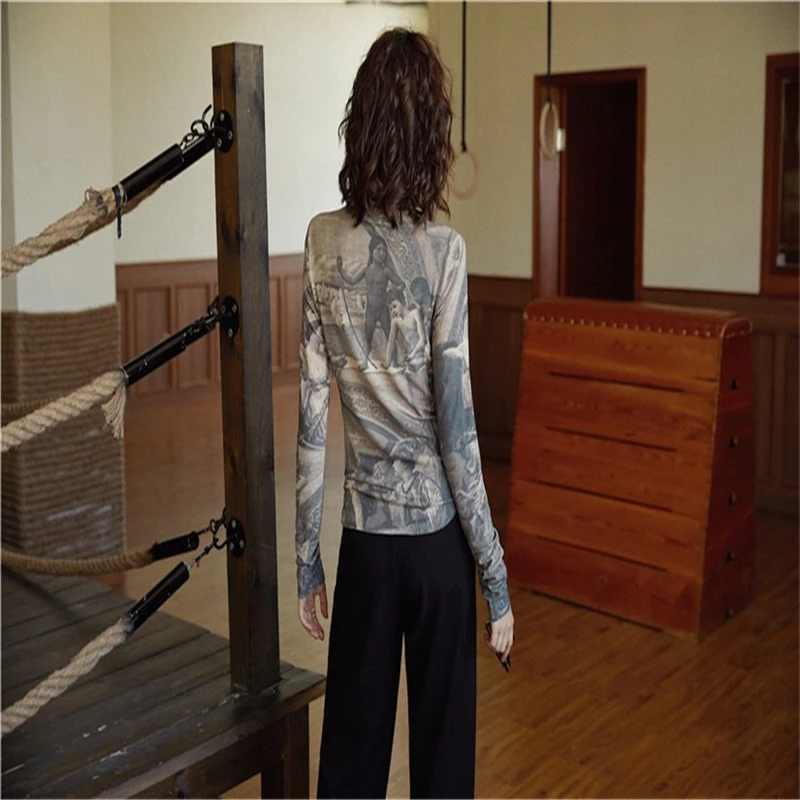 

Renaissance Print Vintage Top Turtleneck Long Sleeve Blouse Women Spandex Bodycon Blouse Ladies Tops Clothes