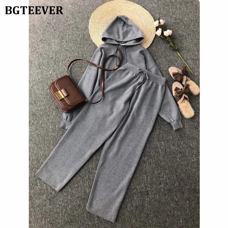 

BGTEEVER Casual Women 2 Pieces Knitted Set Ladies Hooded Pullovers & Wide Leg Knit Pants 2020 Autumn Winter Female Sweater Set
