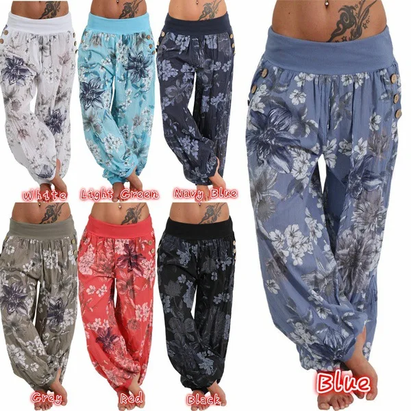 

New Women Casual Basic Print Wide Leg Pant Elastic Long Floral Trousers Plus Size S~5XL