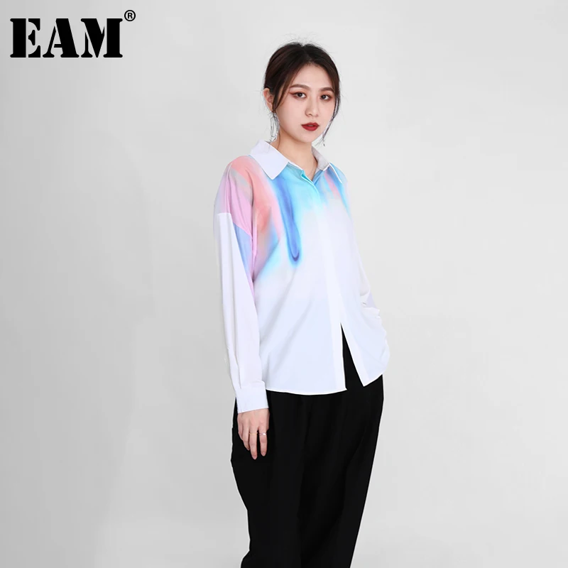 

[EAM] Women White Pattern Printed Big Size Blouse New Lapel Long Sleeve Loose Fit Shirt Fashion Spring Autumn 2022 1DE029300