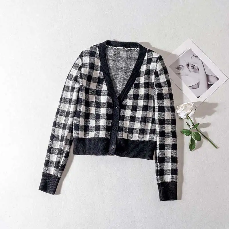 

Модный однобортный Кардиган с V-образным вырезом, черно-белый свитер, женские офисные стильные женские свитера, корейский вязаный свитер