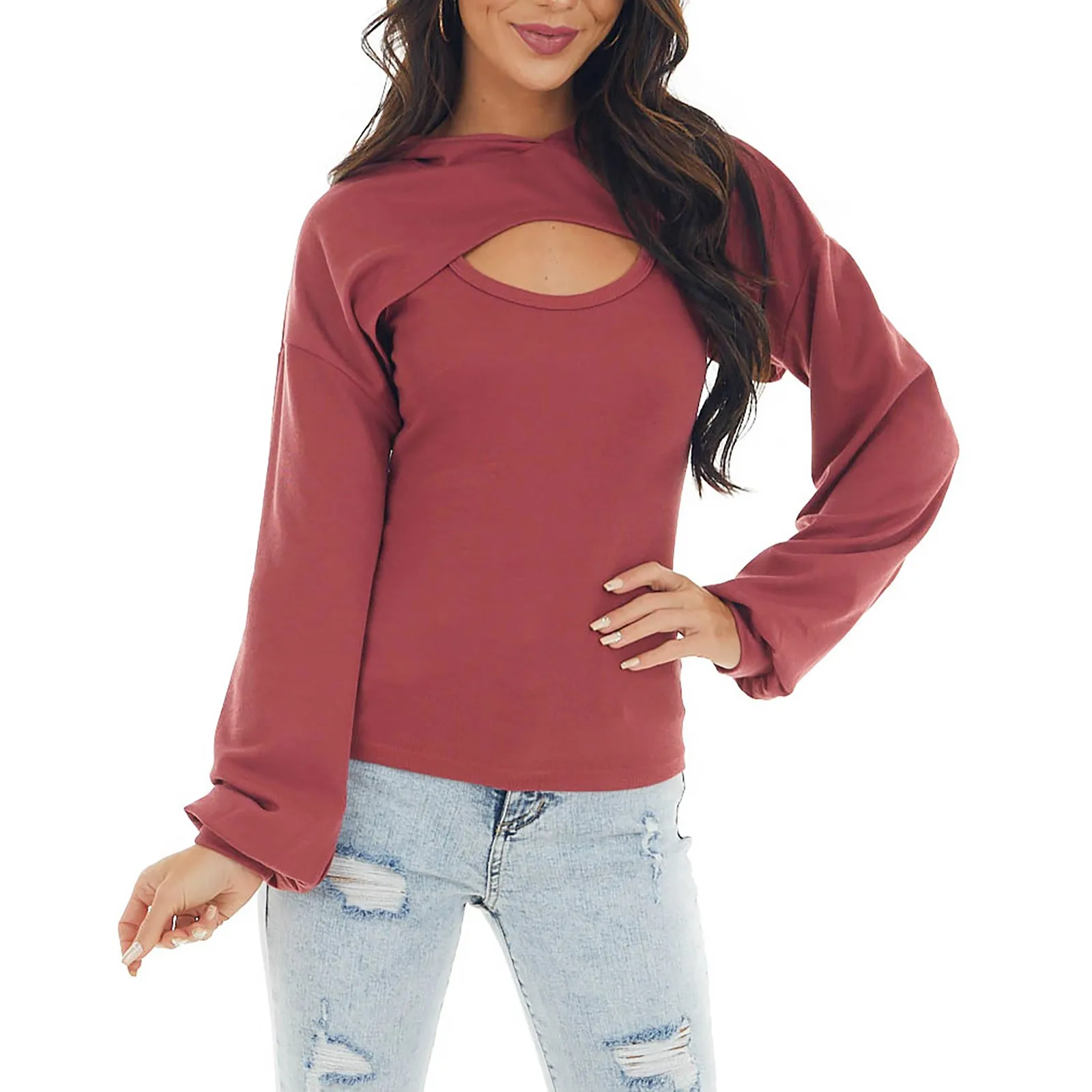 

Модные толстовки с вырезами для женщин, повседневные облегающие толстовки с длинным рукавом, женский джемпер, однотонные толстовки, пулове...