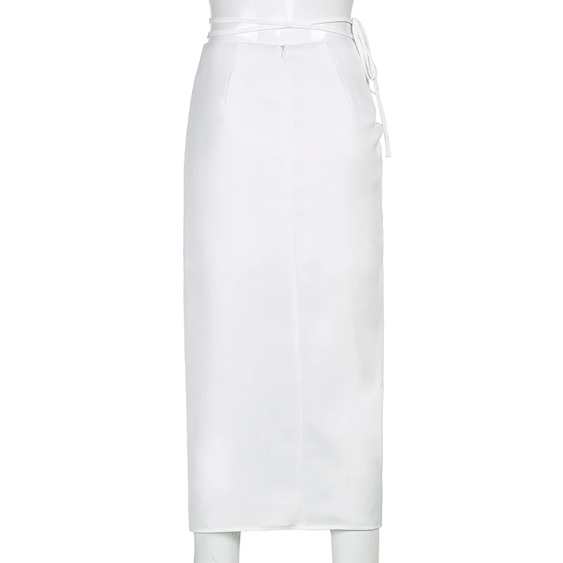 

Korean Fashion Ruched Lace Up Split Elegant Sexy Midi Skirts Womens White Solid High Waisted Pencil Skirt Harajuku