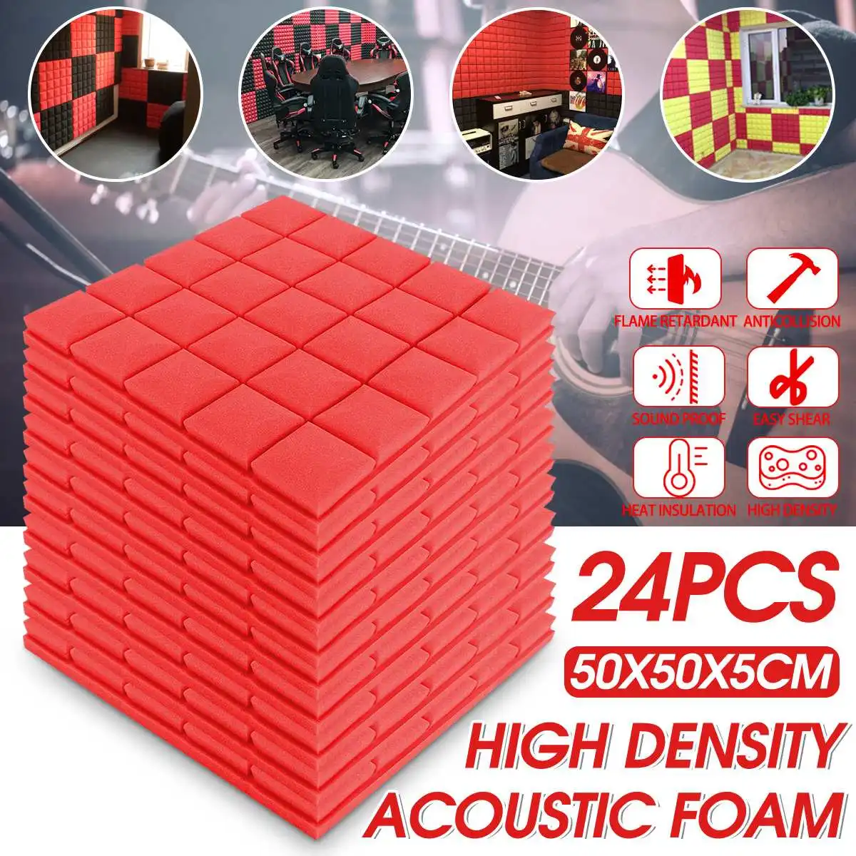 

24PCS 50x50x5cm Acoustic Foams Soundproof Foam Panels for Recording Studios Drum Room 6 Colors Sound Absorption Treatment Panel