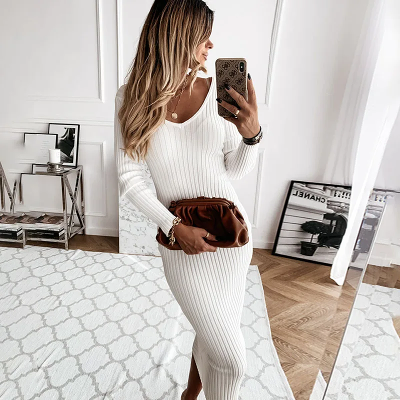 Осеннее длинное тонкое платье с V образным вырезом Сексуальное Тонкое эластичное