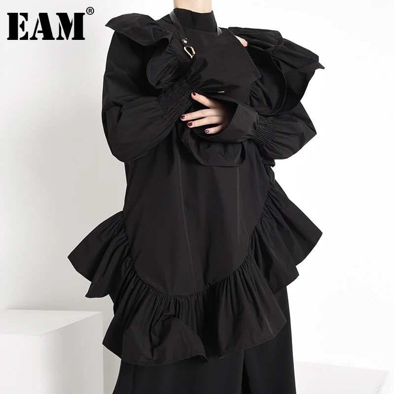 Женская Асимметричная блузка EAM черная Свободная с оборками и воротником стойкой