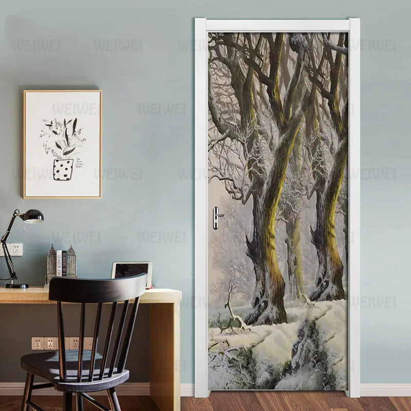 

Door Stickers Beautiful Snow Forest Big Tree Waterproof Mural Living Room Bedroom Door Decor Wallpaper PVC Self Adhesive Decals