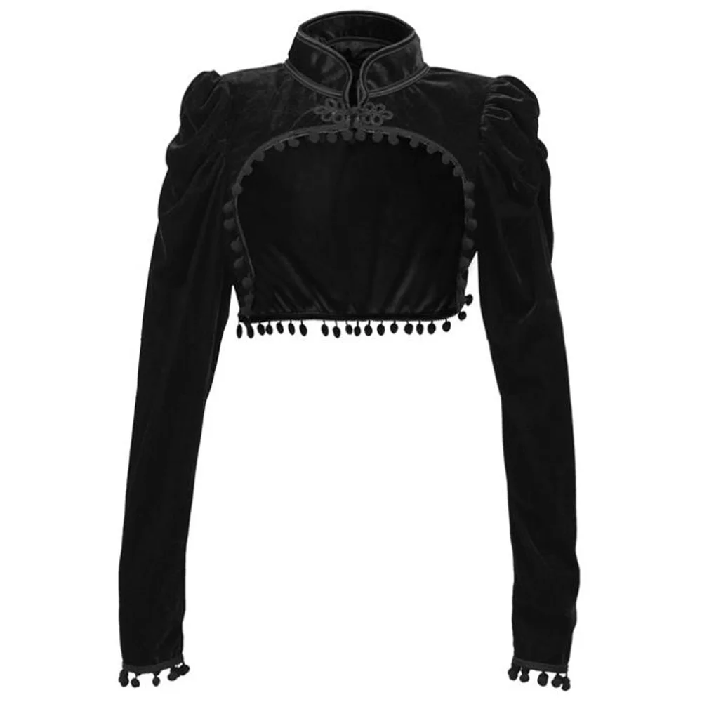 2021 черный бархат стимпанк укороченный жакет с буфами на рукавах осеннее платье