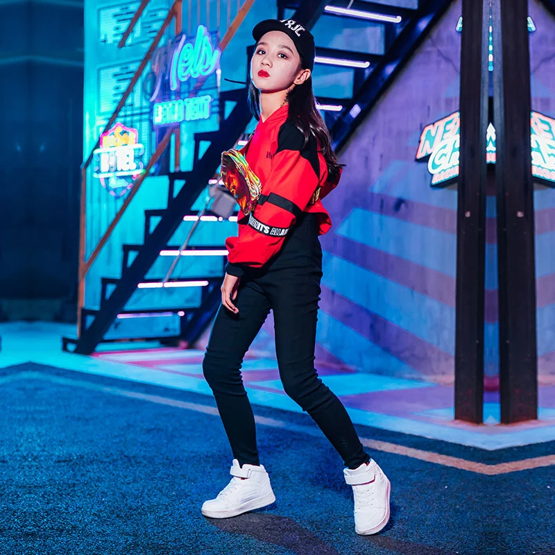 Танцевальные костюмы в стиле хип-хоп для девочек красный топ с капюшоном одежда