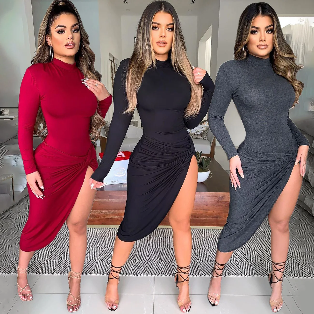 

European and American spot new long sleeve solid color tight women's dress