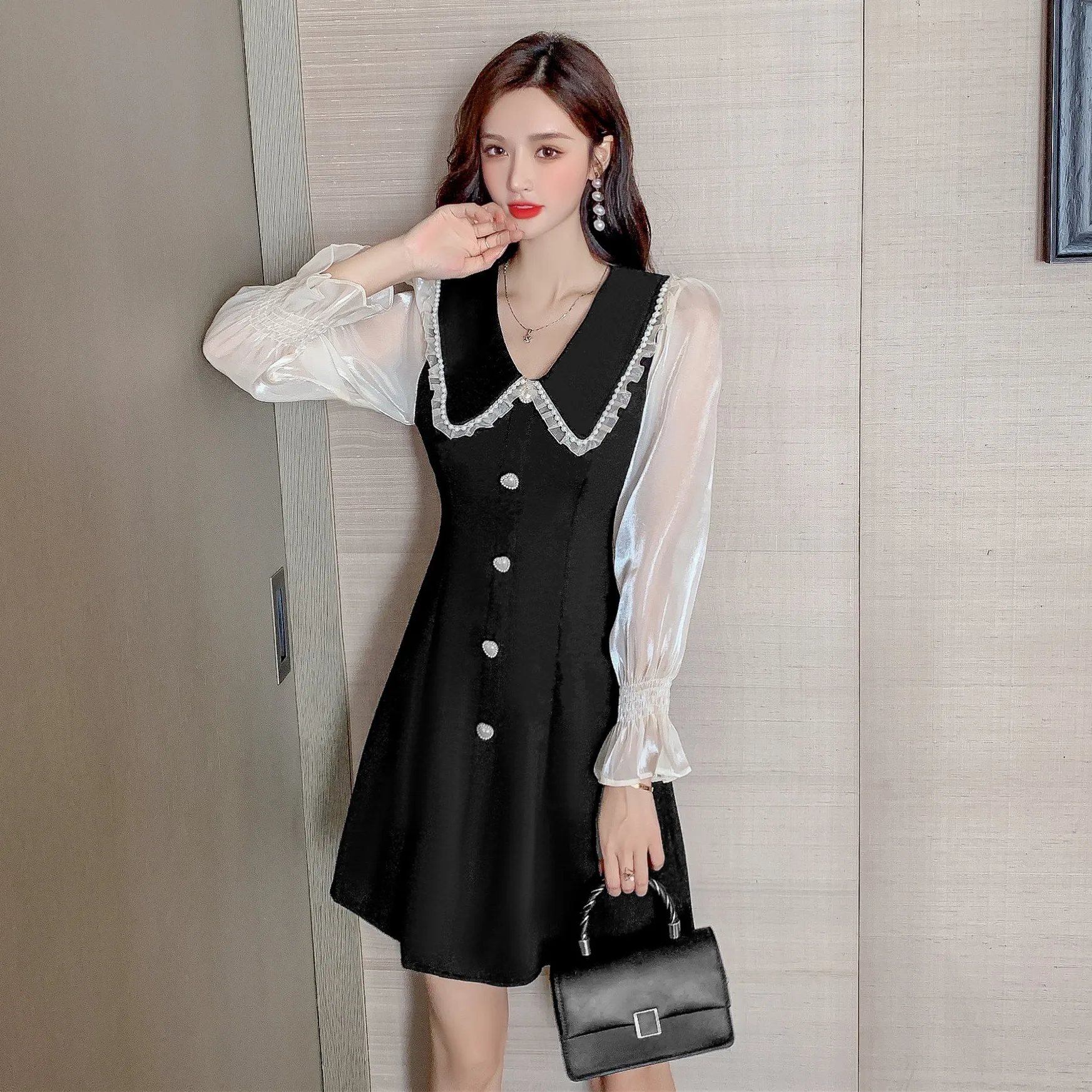 

2023 Elegant Bodycon Office Lady Dresses Women Black Pachwork Sexy Mini Dress Spring Autumn Korean Hepburn Solid Casual Vestidos