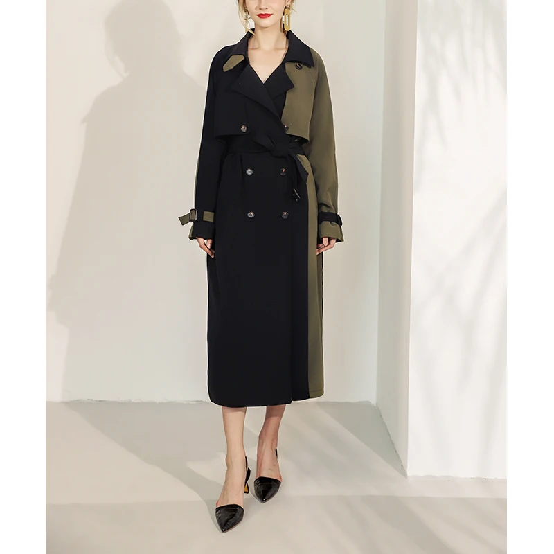 2019 осень/зима модный контрастный цвет рукава реглан двубортный женский ветровка