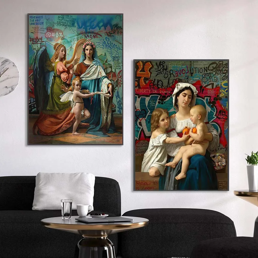 

Virgin Mary With Kid Angel Graffiti Religion Art Poster Pictures On The Canvas Wall Art Home Decor Mural Painting For Room