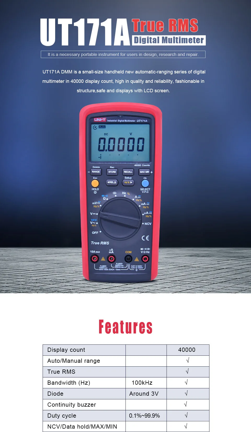 UNI T UT171A TRMS Цифровой мультиметр 40000 Граф AC DC аналоговый бар NCV VFC Ом Freq тестер USB/Bluetooth подключение хранения данных ETL