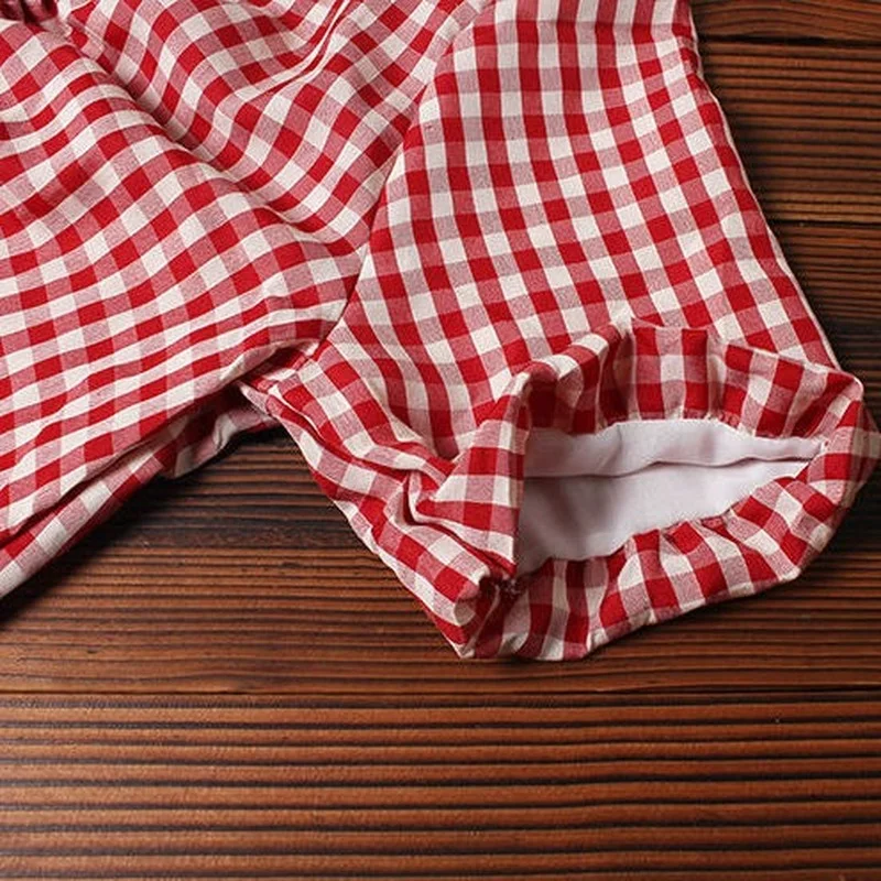 

Women Shirts Plaid Shirring Designed Classic Retro Chic Stylish Elegant Short Lantern Sleeve All-match V-neck Casual Blouses New