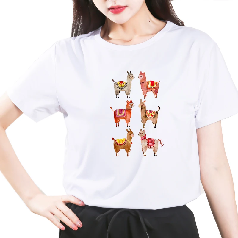 

Alpacas Cartoon Print Tshirt Women No Prob Llama T-Shirt Female Casual Short Sleeve Graphic Tops Summer Women T-shirts