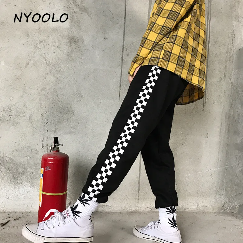 NYOOLO Harajuku уличная одежда в клетку с принтом хип-хоп штаны для бега осень зима эластичный пояс плюс бархатные теплые спортивные штаны для женщин и мужчин - Цвет: Черный