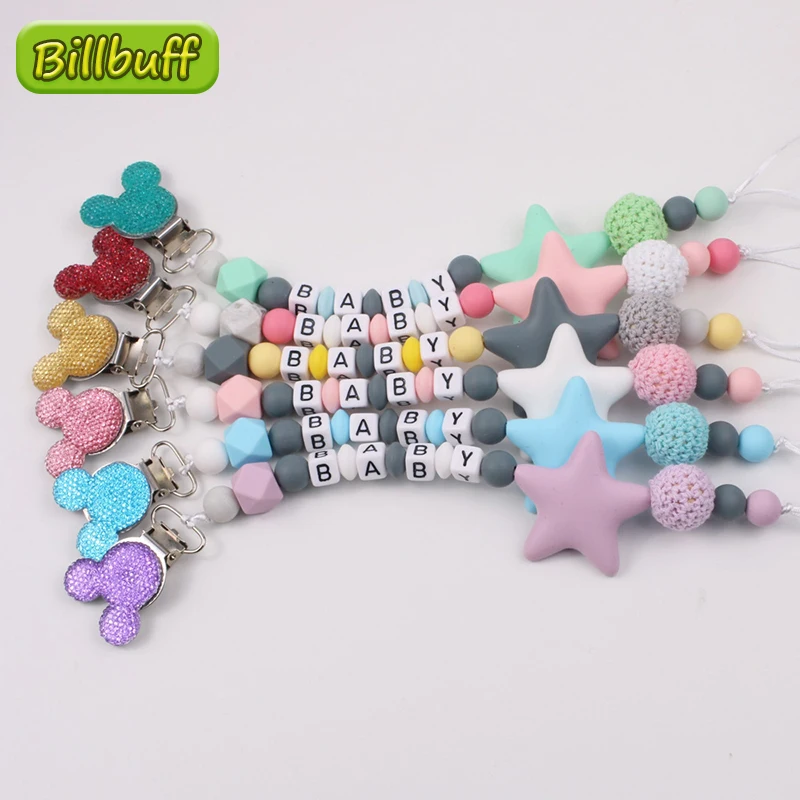 

Новые детские Персонализированные Имя соска ручной работы зажимы держателя цепи силиконовые соски с цепочкой, украшение в виде звезд, Прор...