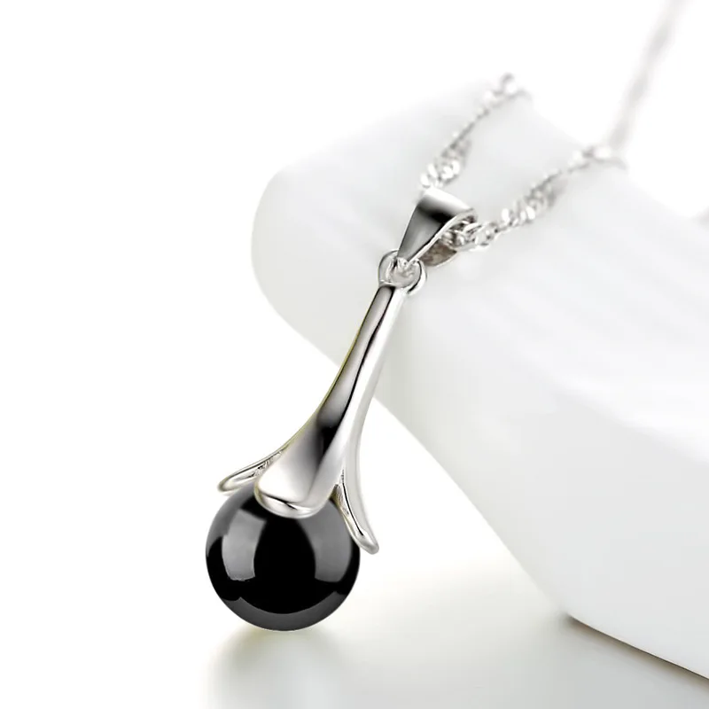 925 стерлингового серебра в форме капли воды удачи лист красный черный камень