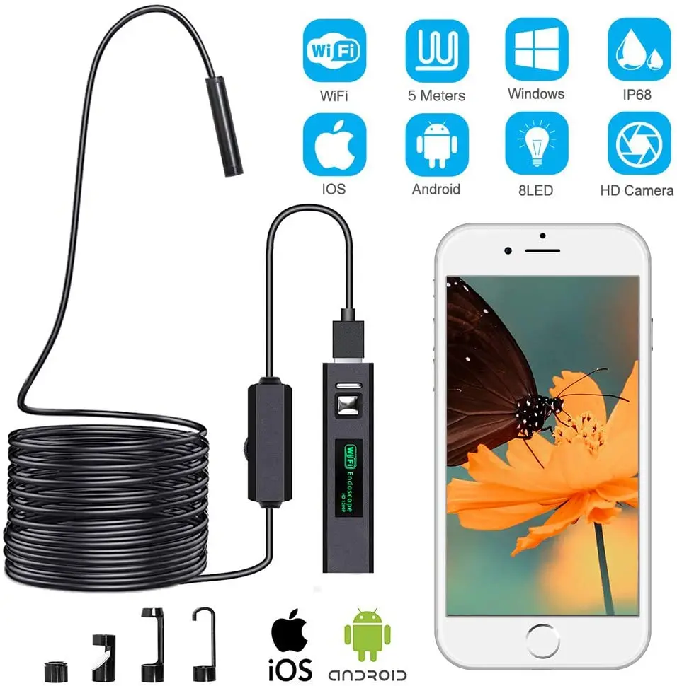 

WiFi Endoscope Camera 1200P Hard Cable 8mm 8 LEDs Waterproof Inspection Snake Mini Camera USB Borescope for Car For IOS Android