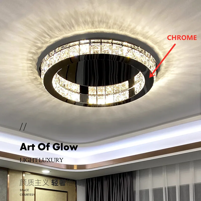 

Foyer Modern Round Low Ceiling Mounted Lamp Led Dimmable Ceiling Lights Chrome Steel Lustre K9 Crystal Ceiling Lamp Fixtures