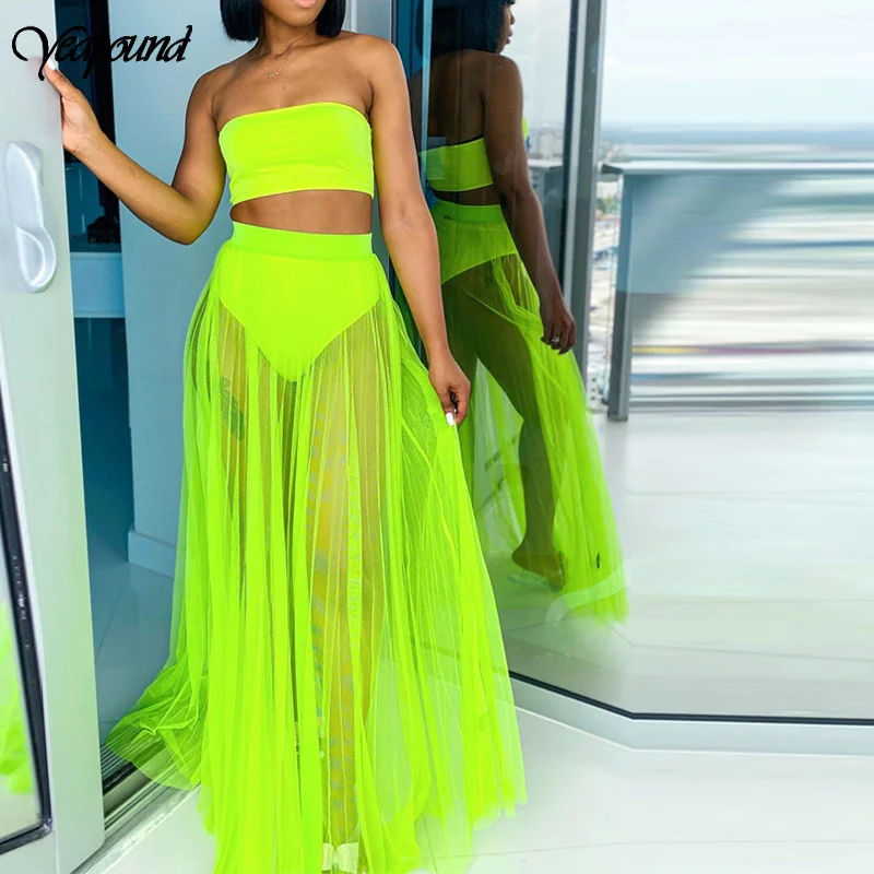 

Mesh Summer Two Piece Set Casual Neon Spaghetti Strapless Sleeveless Crop Tops Shorts 2 Pieces Suit Perspective Outfit Tracksuit