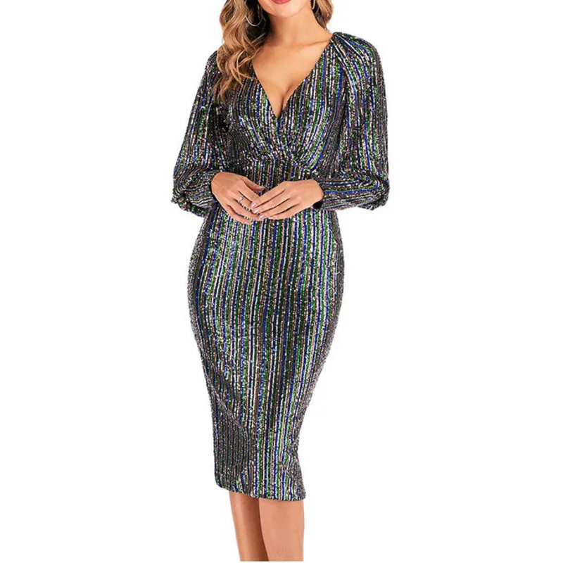 new Long Sleeve glitter rainbow sequin Dress womens sexy dresses party night club ladies clothing vestidos autumn winter bodycon | Женская