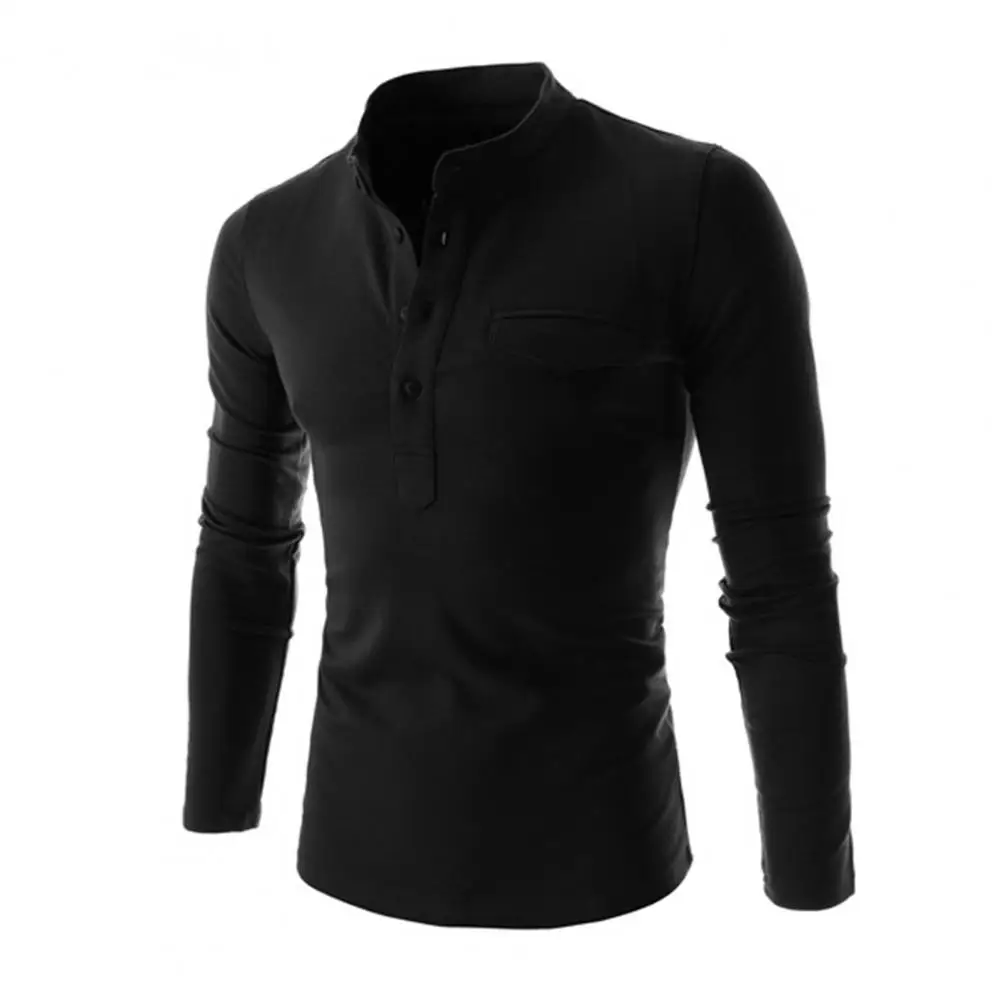 

Men Shirt Solid Color Stand Collar Long Sleeve Slim Autumn Polo Shirt for Work