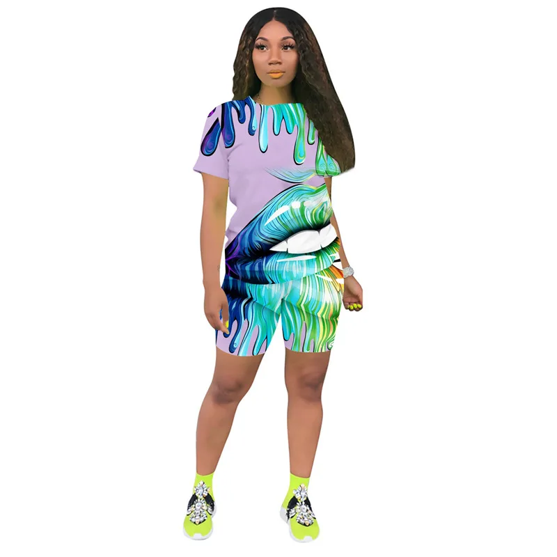 

2020 Women's Mouth Printed T-shirt Shorts Two-Piece Set Fashion Casual Suit European and American Clothing