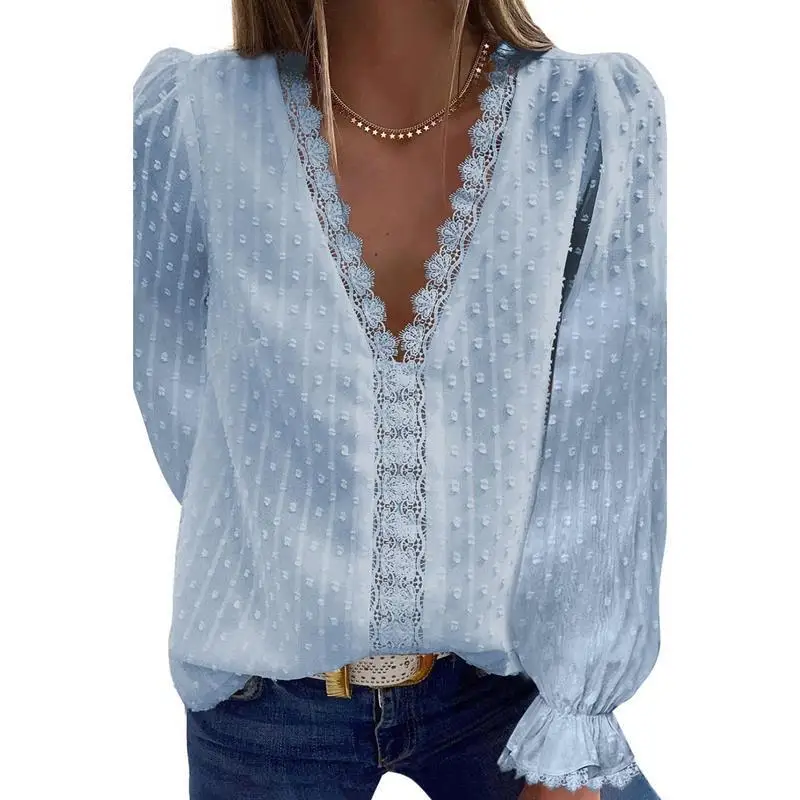 New Women Cardigan Fall Trending White Blouse Deep V-neck Chiffon Shirt Embroidery Lace Sexy Long Sleeve Casual Women's Blouse