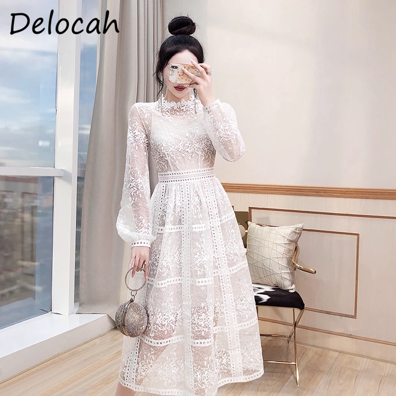 

Delocah New 2021 Autumn Women Fashion Runway Party A-Line Dress Lantern Sleeve Lace Hollow Out Whith Print Ladies Long Dresses