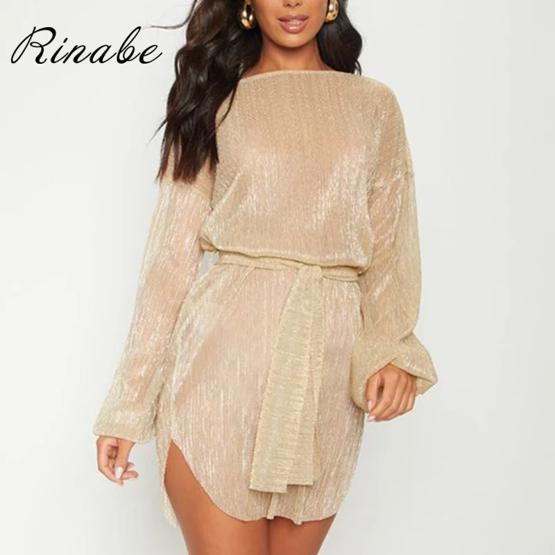 Rinabe Mesh Bikini Cover Up Shiny Party Dress Sash Belt Dresses Long sleeve Beachewear Solid Swimwear Pareos Beach Wear Sundress | Женская