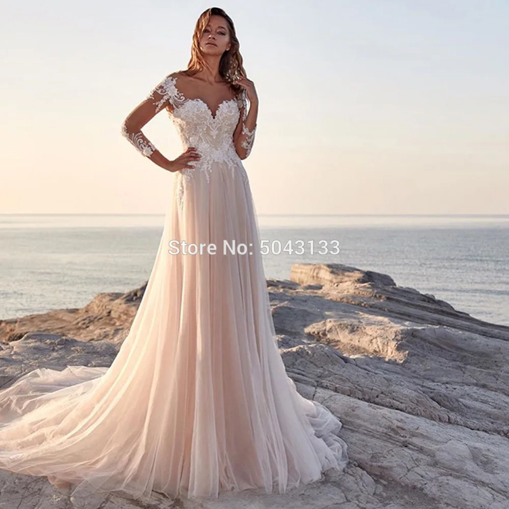 

Boho Champagne Wedding Dresses with Long Sleeves 2021 Sheer Scoop Neckline Soft Tulle Backless Sweep Train Bridal Gowns