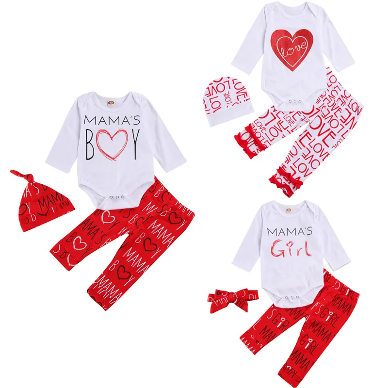 

Vanlentine's Days 0-24M Newborn Baby Girl Boy Clothes Sets Long Sleeve Cotton Romper Tops Print Long Pant + Hat 3PCS Holiday