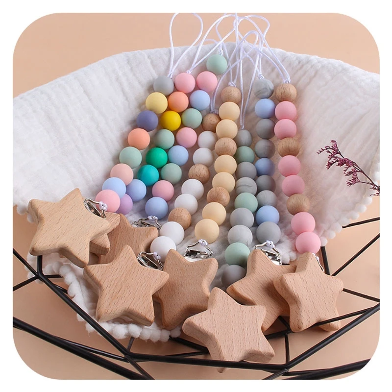 Chupete de madera de haya con cadena de chupete para ni&ntilde;os, Clips de juguete para morder, sin BPA-3