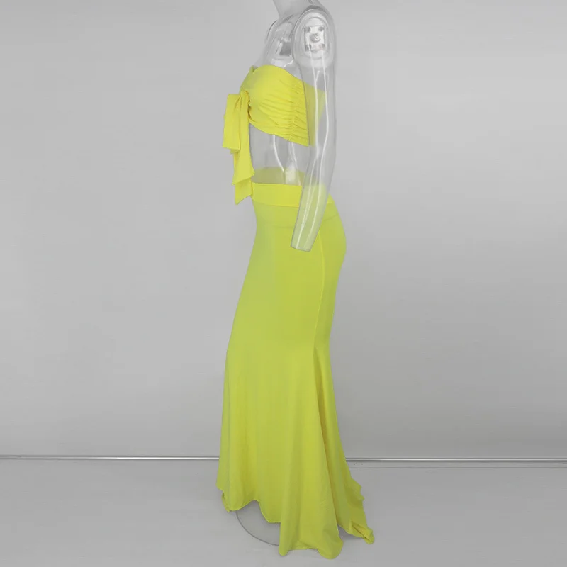 Dressmecb, элегантный комплект из двух предметов, с бантом, без бретелек, укороченный топ и макси юбки, бодикон, сексуальный комплект из 2 предметов, Womne, летняя одежда