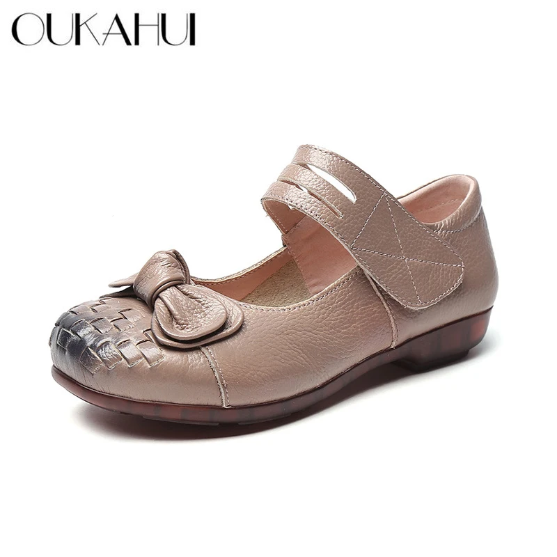 

OUKAHUI 2020 Spring Genuine Leather Retro Vintage Flat Shoes Woman Bowknot Hook And Loop Handmade Leather Soft Shoes For Women