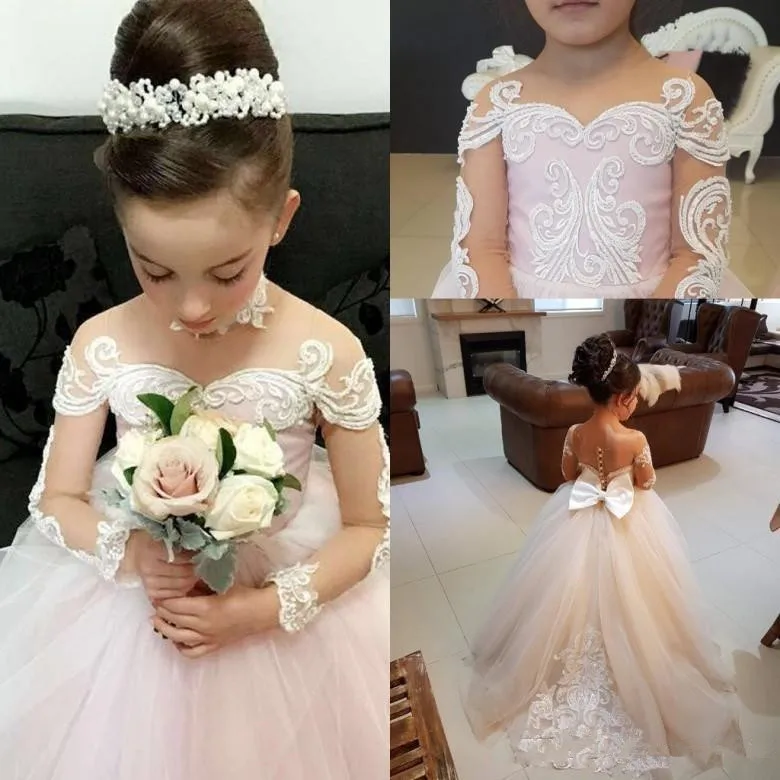 

Flower Girls Dresses Sheer Jewel Neck Floor Length Long Illusion Sleeves Lace Applique Tulle Girl Pageant Gowns Birthday Dress