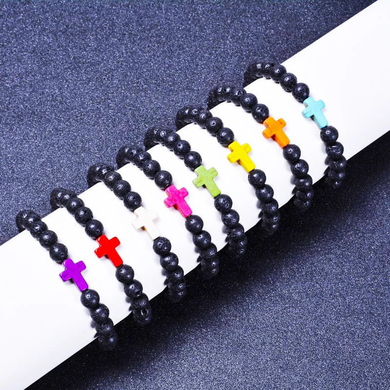 Модные мужские браслеты с бусинами из вулканического камня 8 мм|Плетеные