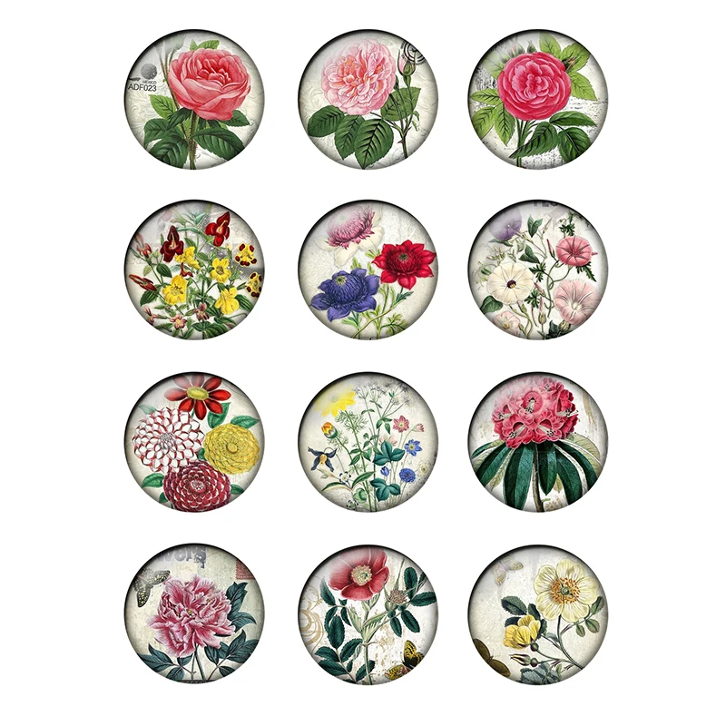 

24pcs/lot Beauty Vintage Flowers Rose Birds Pattern Glass Cabochons 10mm To 25mm Glass Dome DIY Jewelry Making Findings T145