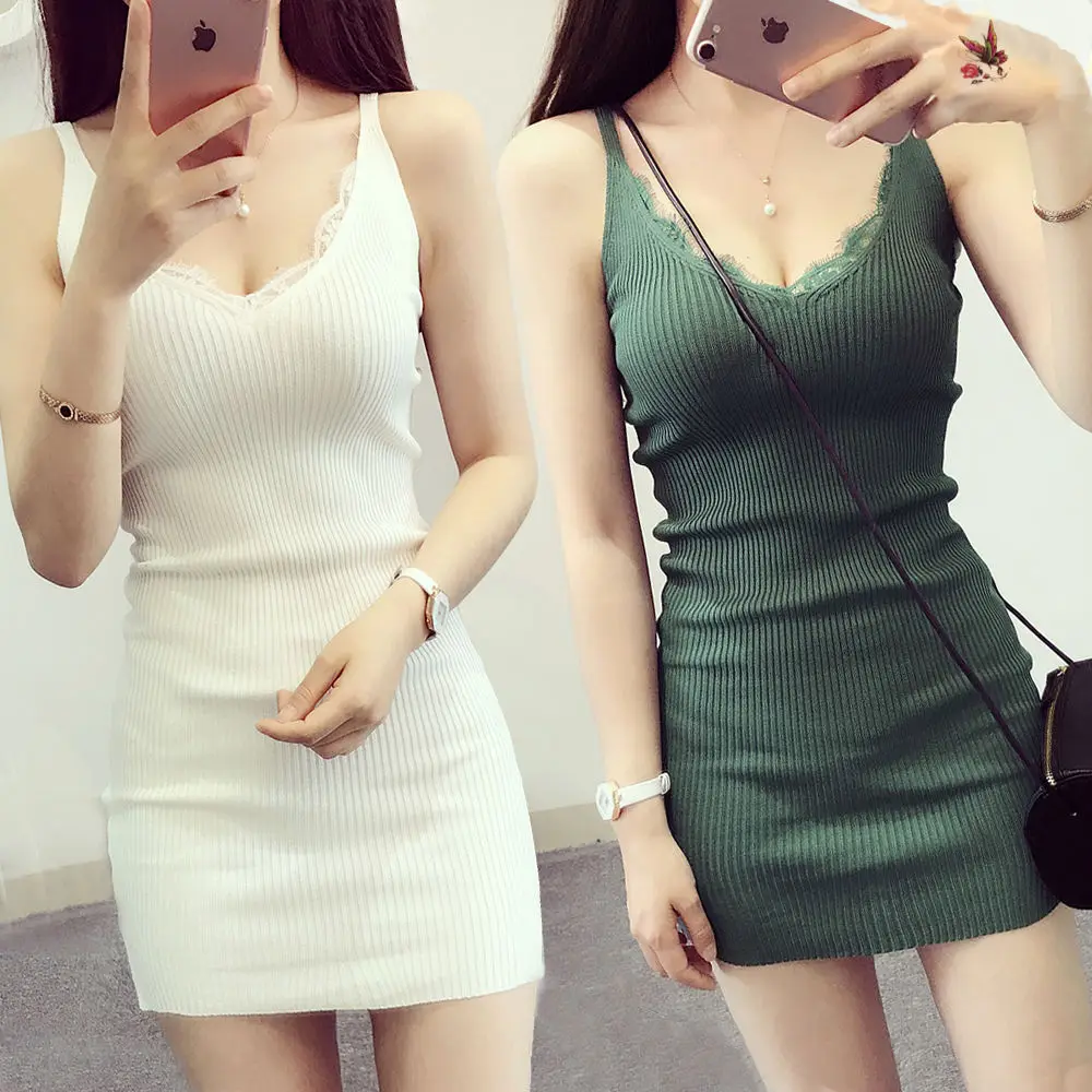 

Summer Sexy Vest Dresses 2021 New Lace Camisole Slim Women Package Hip Dresses Sling Female Mini Fashion Knitted Dresses LJ3162