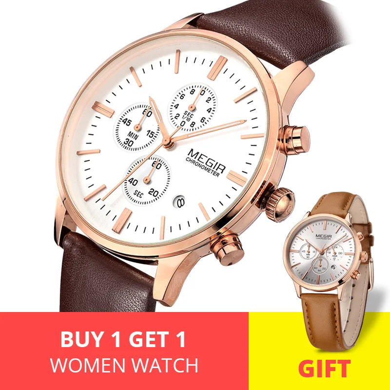 MEGIR спортивные часы для мужчин кожаный ремешок для влюбленных Кварцевые наручные часы комплект Erkek Kol Saati Reloj Hombre водонепроницаемые наручные часы - Цвет: Set B