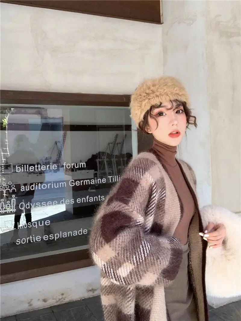 Толстый легко сочетающийся свободный свитер пальто клетчатый кардиган |