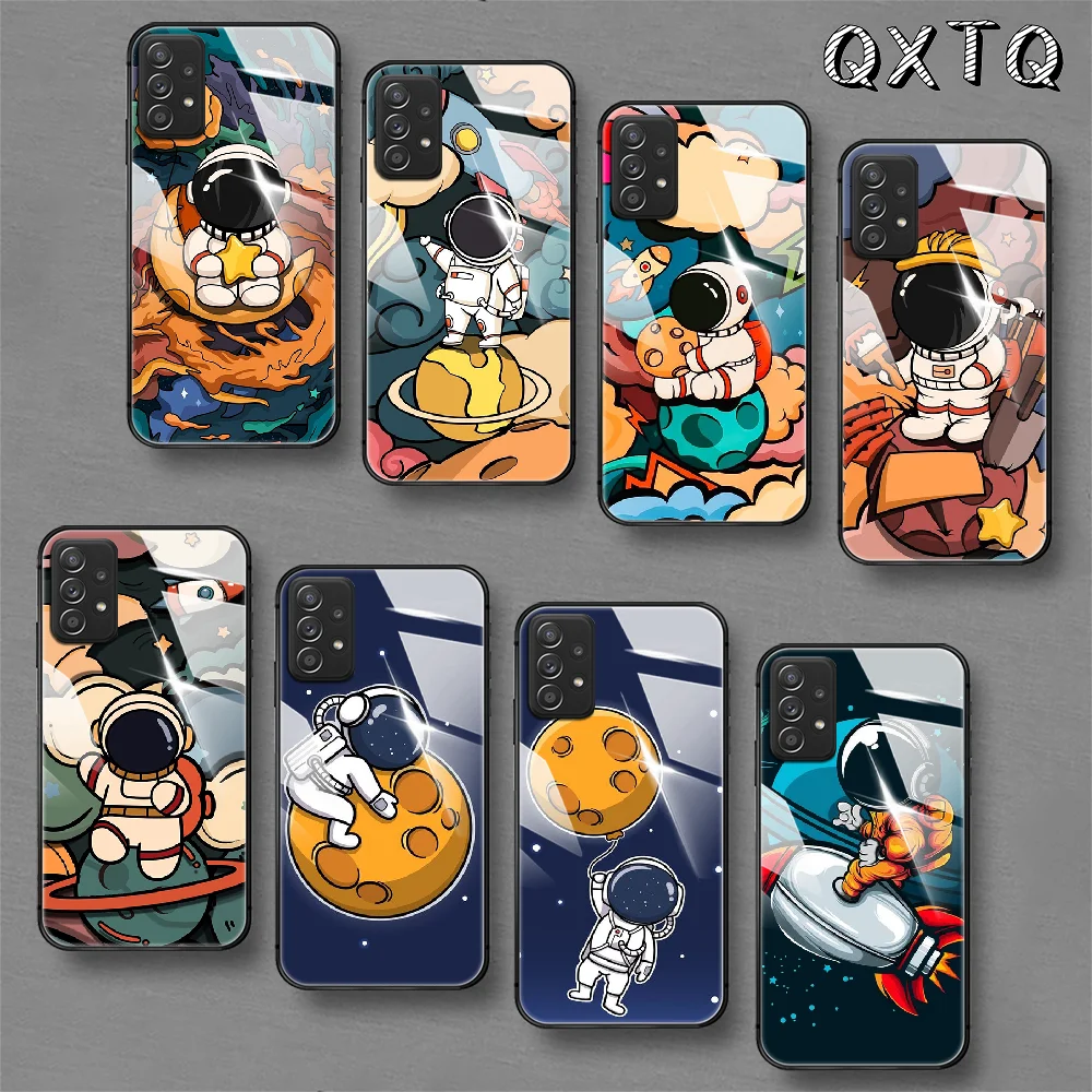 

Space Astronaut Graphic Art Tempered Glass Phone Case For Samsung Galaxy A 10 20E 21 30 31 50 51 52 70 71 72 S 5G Cover Cell