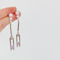 origin summer unique design fork long dangle earrings for women girl simulation pearl rhinestones metal tassel earrings jewelry