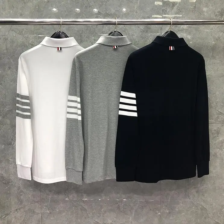 

TB 2021 Fashion THOM Brand Polo Shirts Men Casual Loose Striped Cotton Solid Polo Spring Autumn Long Sleeve Polo Clothing