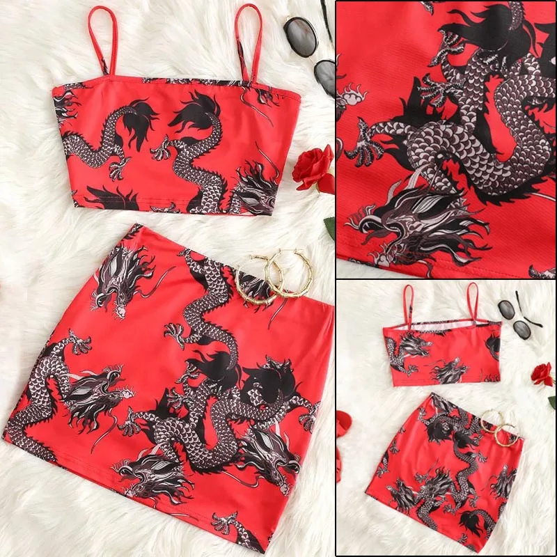 

Summer Chinese Style Women's Ladies Dragon Embroidery Sleeveless Suspenders Strapless Crop Tops+Bodycon Mini Skirt Gothic Set